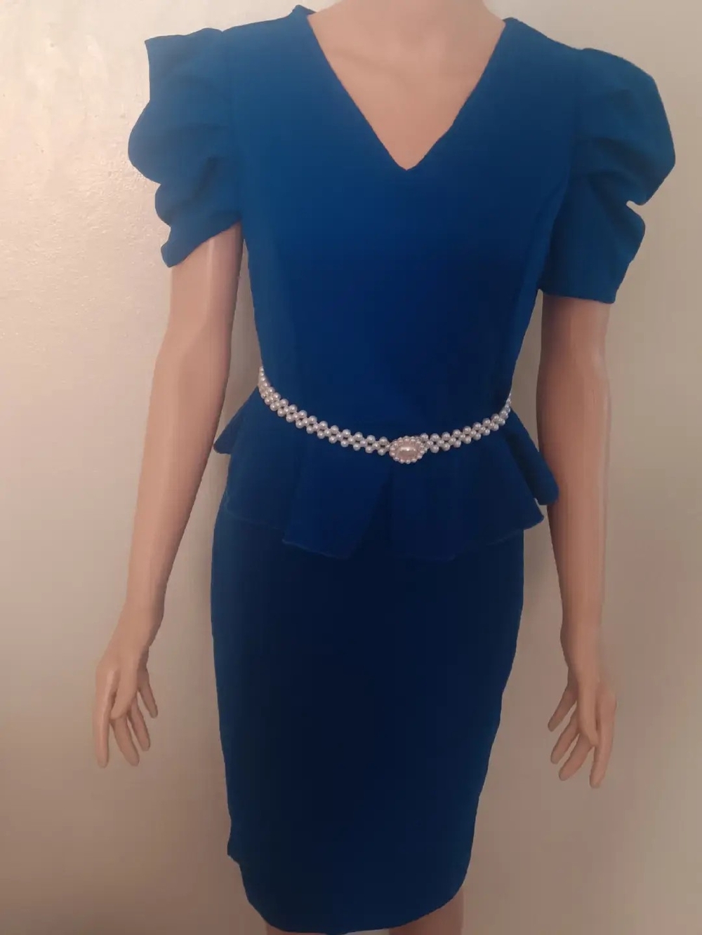 Blue Peplum Pencil Skirt - Elegant V-Neck Women’s Skirt